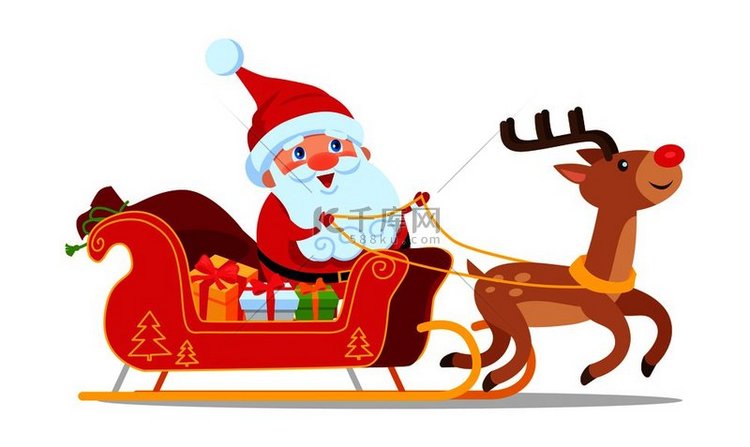 圣诞老人骑在雪橇上，驯鹿动物载