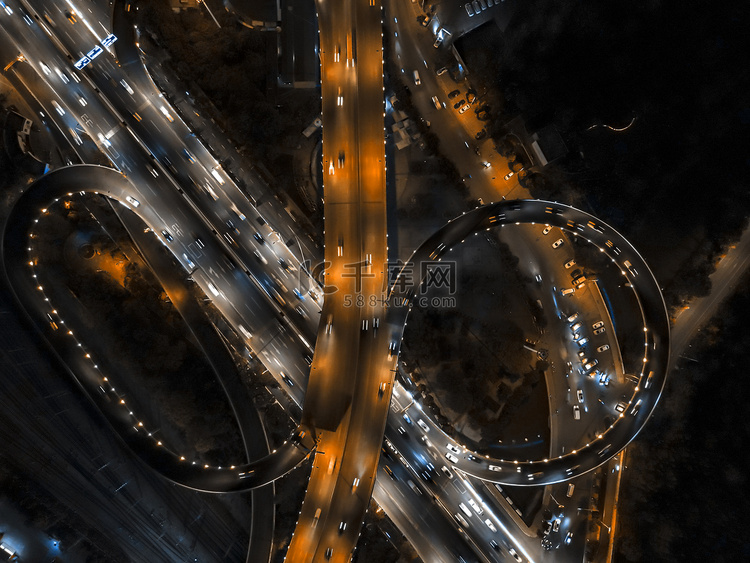 俯拍城市高架桥交通夜景摄影图配
