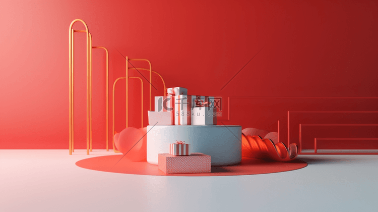 红色礼盒3D立体电商展台
