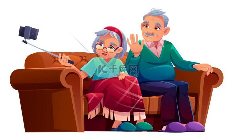 老人和女人用独脚架在智能手机上