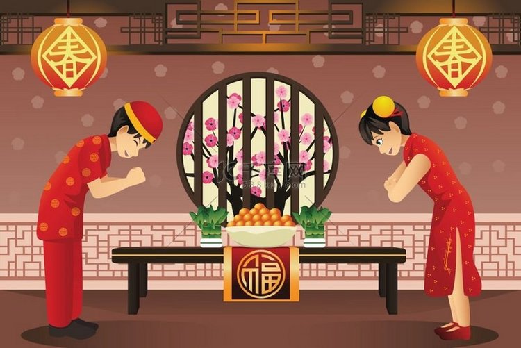 中国孩子庆祝农历新年的矢量图解