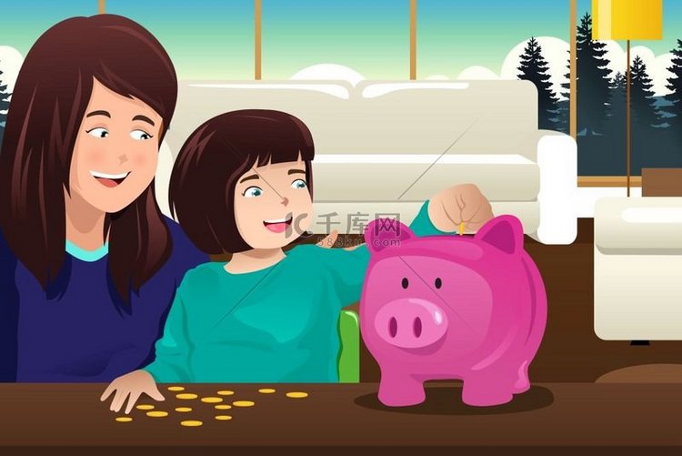 母亲和女儿存钱到存钱罐的矢量图
