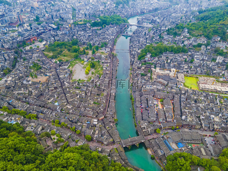 城市中午凤凰古城风光航拍山顶无