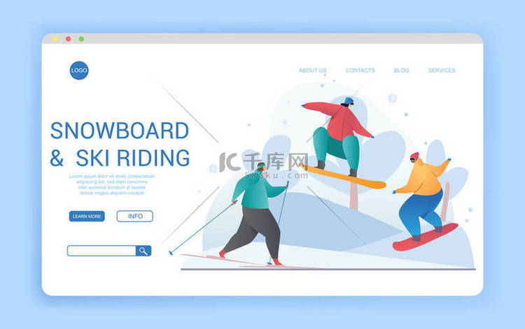 冬季滑雪板和滑雪板网站设计模板
