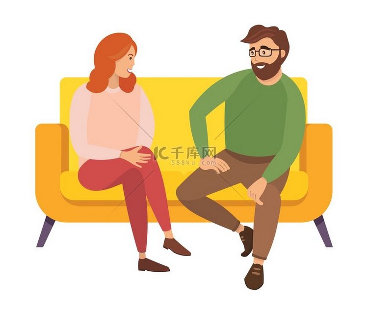 男人和女人坐在一张黄色的大沙发
