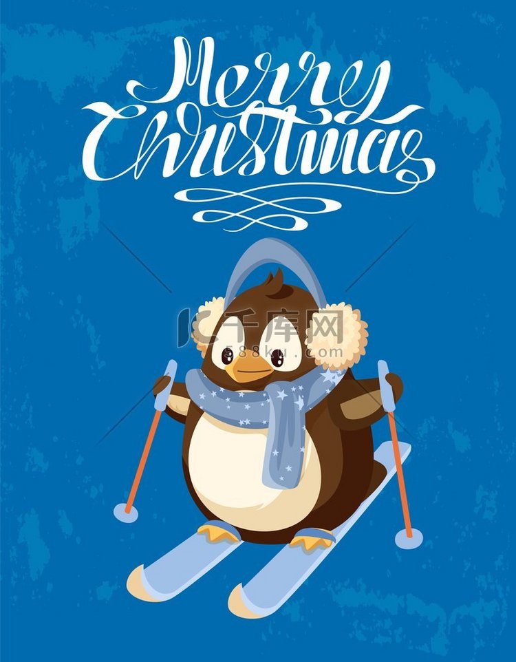 圣诞快乐字母和企鹅在耳罩和围巾