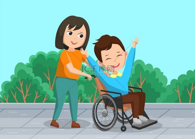 女孩帮助坐在轮椅上的病人。