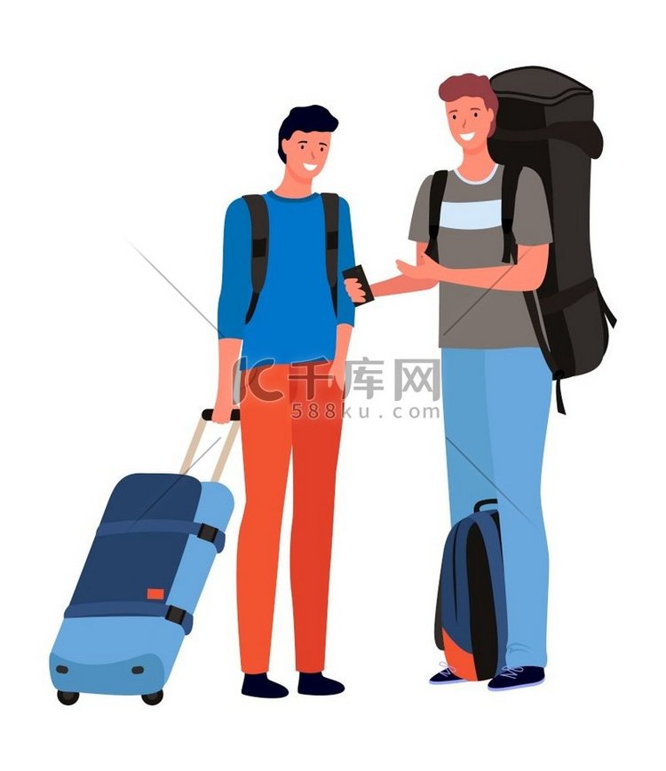 旅游、游客或带背包和手提箱的朋