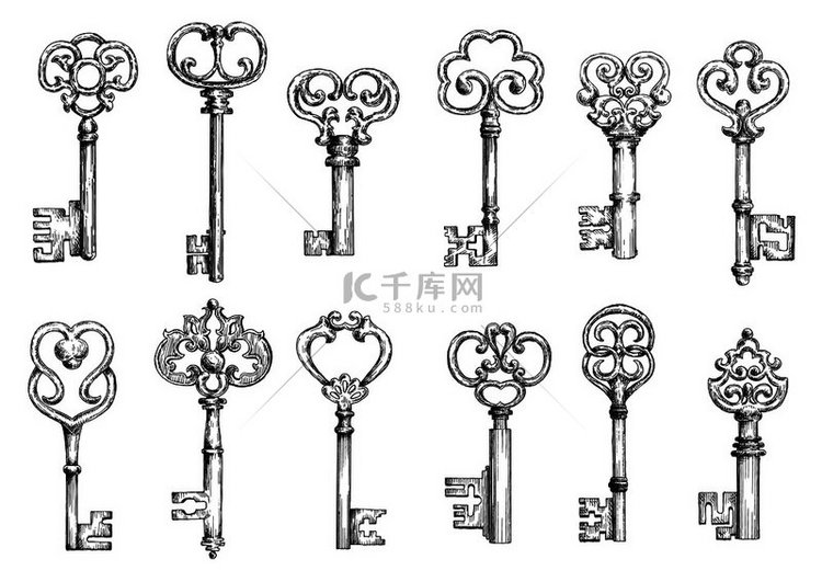 装饰复古骨架钥匙草图由锻造的花
