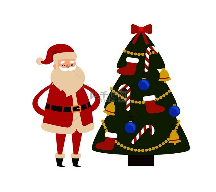 新年树和圣诞老人矢量插图海报装
