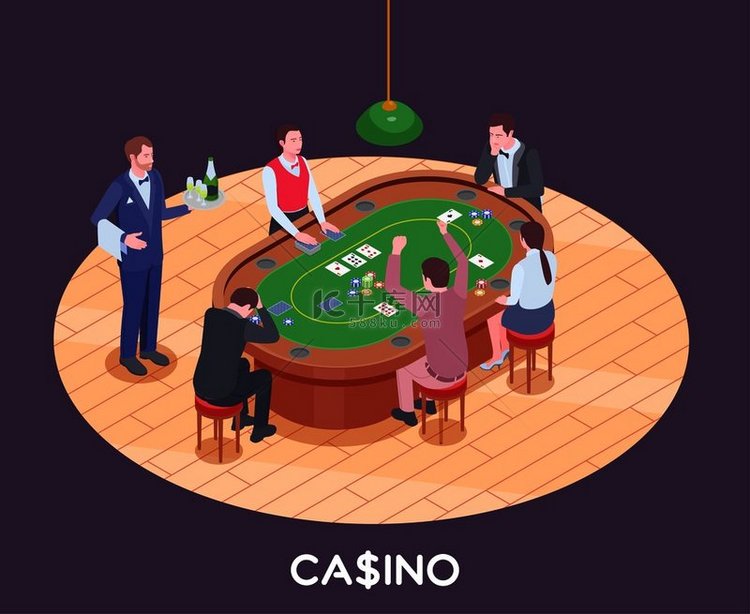 人们在赌场大厅玩扑克等距构图三
