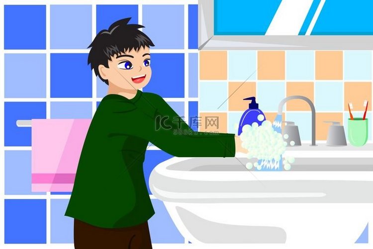 矢量图可爱男孩用肥皂洗手