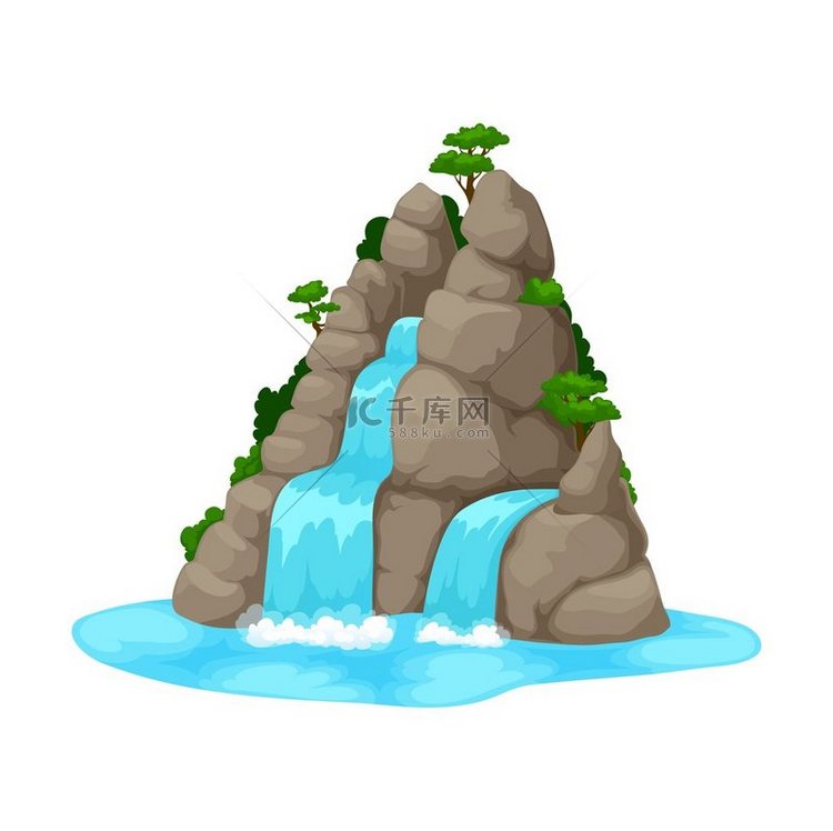 卡通瀑布或水梯从绿树成荫的山岩