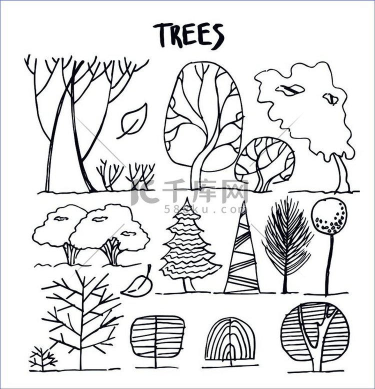 一组各种抽象树叶和灌木图案，由