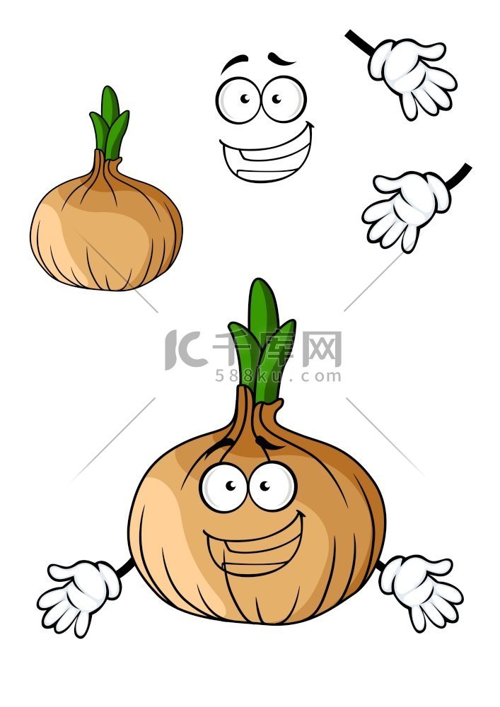 有趣的卡通棕色洋葱蔬菜，在白色