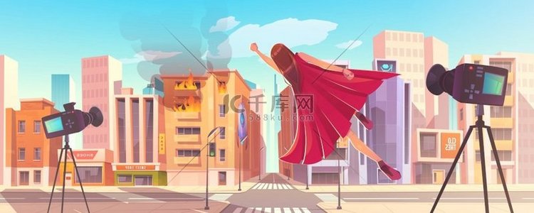 超级英雄女人飞到城市街道上着火