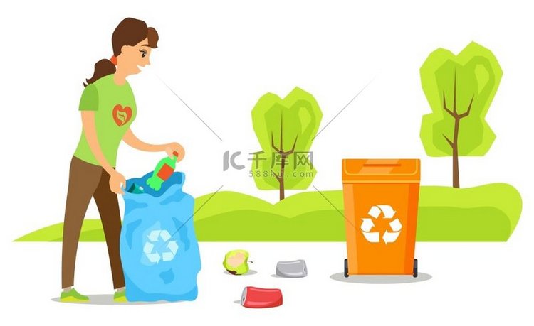 女志愿者清洁垃圾、塑料和有机垃