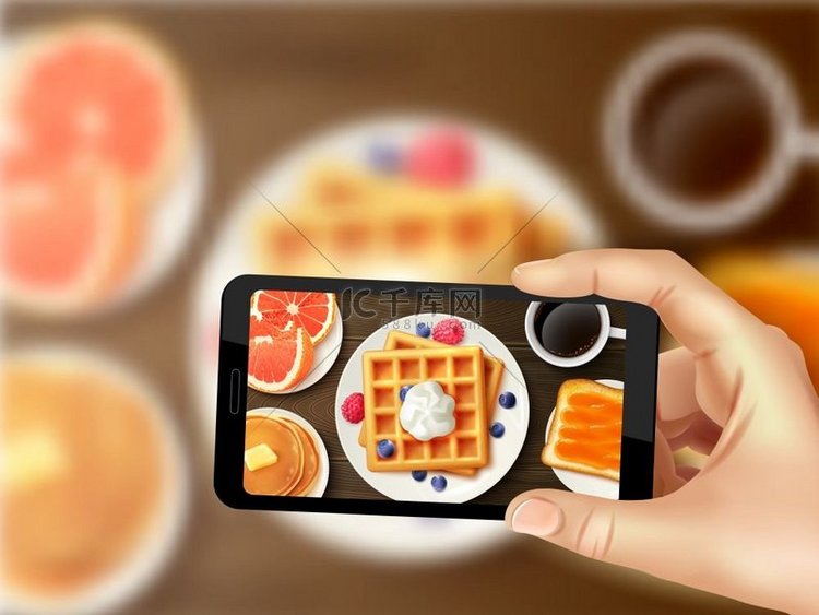 早餐智能手机照片逼真的顶部图像