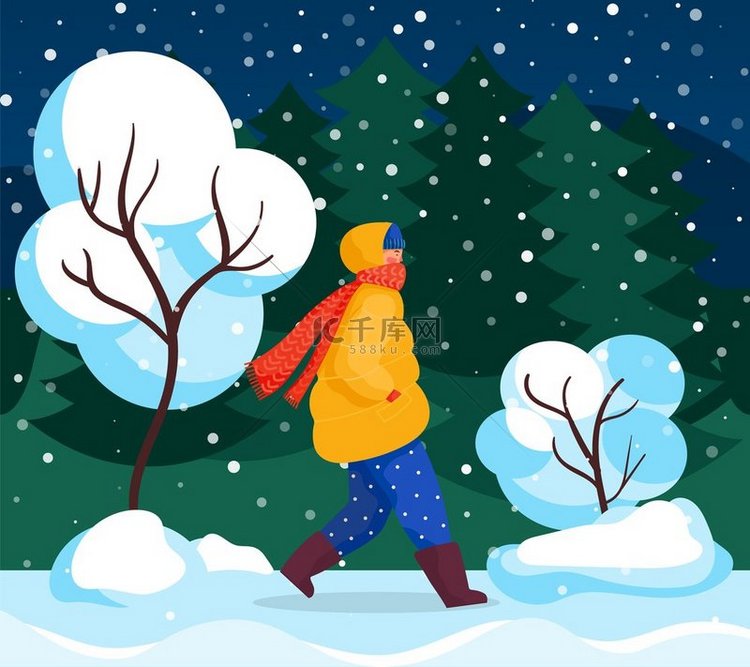 冬季人物行走森林景观和降雪矢量