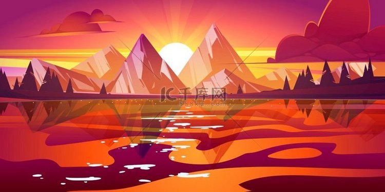 与湖、山和树的日落风景在海岸。