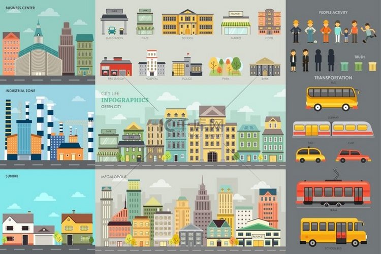 城市生活和交通信息图表元素的矢