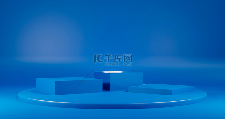 3D渲染蓝色的空讲台。最低几何