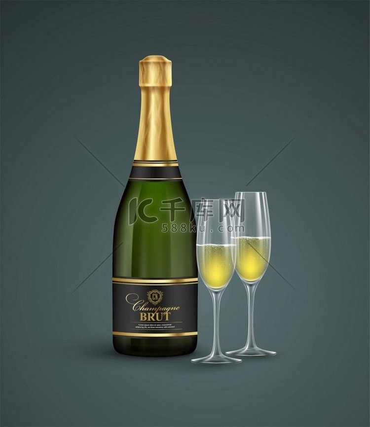 在透明背景上隔离的现实瓶和香槟