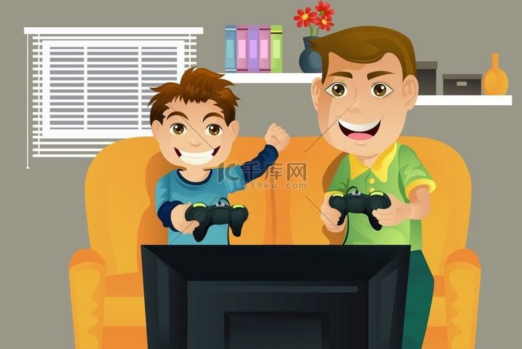 父亲和儿子在客厅玩电子游戏的矢