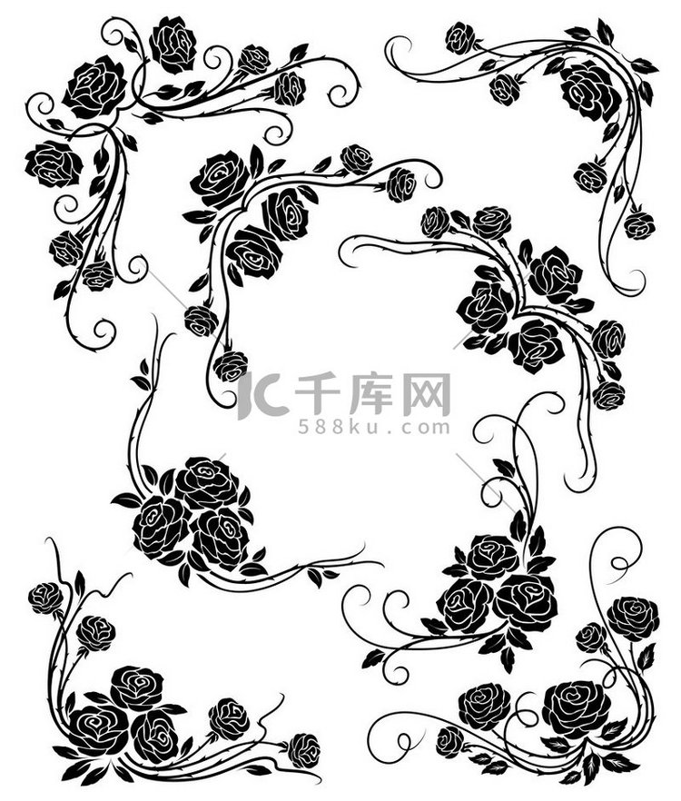 黑玫瑰角和边框，带卷轴和花蕾的