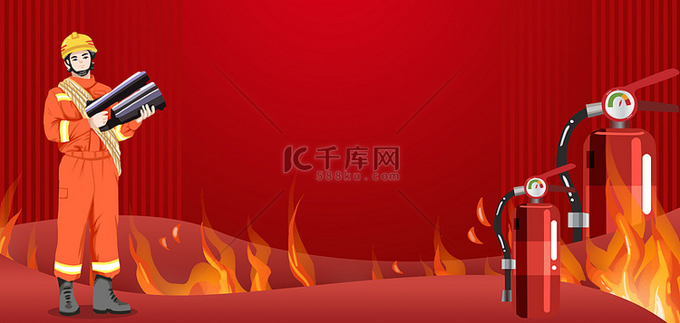 消防灭火消防员红色卡通海报背景