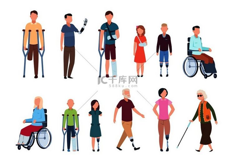 残疾人轮椅上的各种伤者老年人成