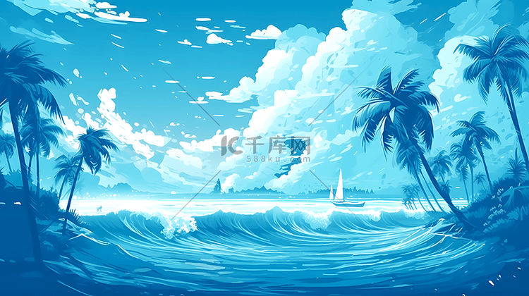 蓝色大海海浪白云背景插画