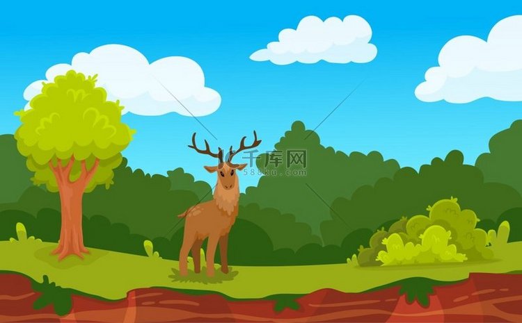 森林游戏景观背景与鹿和木平面矢