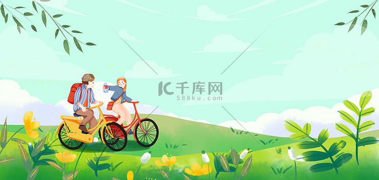 春游骑自行车绿色卡通背景