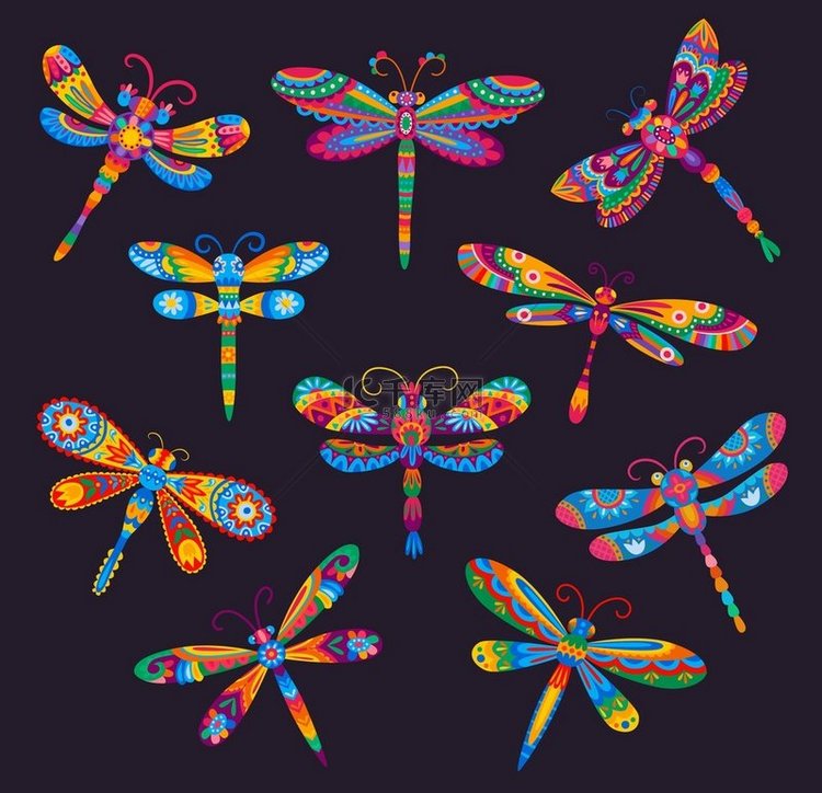墨西哥卡通明亮的蜻蜓与民族花卉