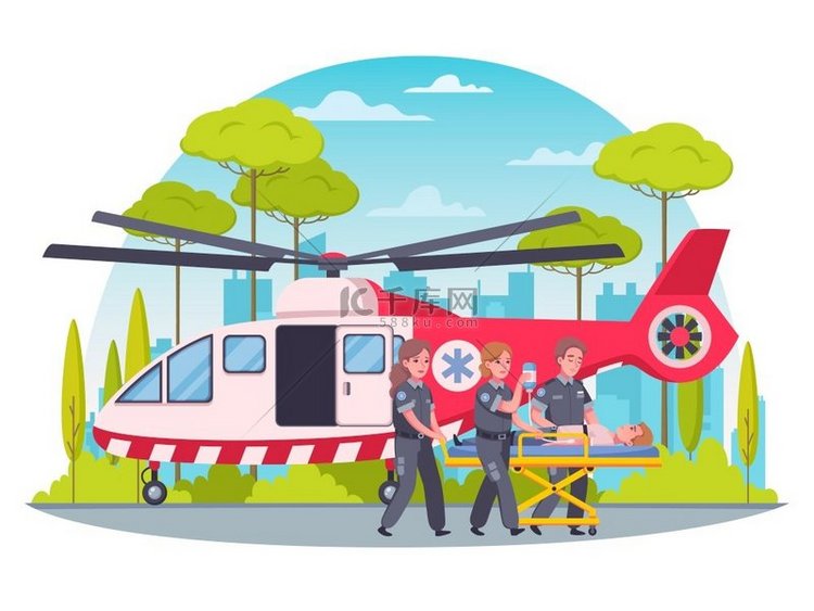 护理人员急救卡通概念与直升机救