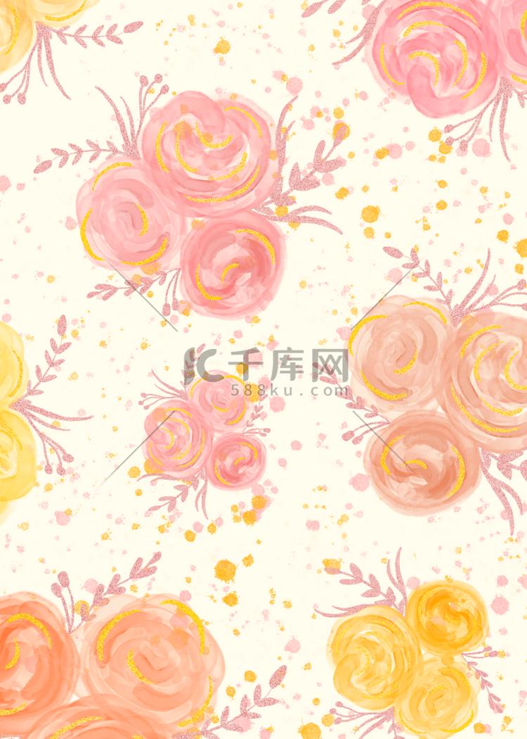 花卉叶子金箔抽象美丽水彩粉色背