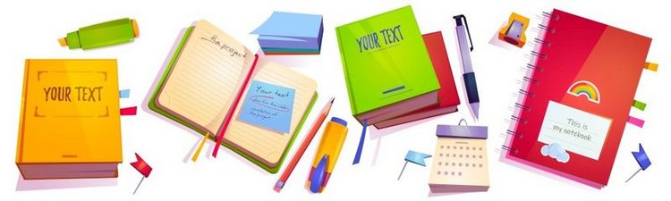 不同设计的文具和笔记本、学校或