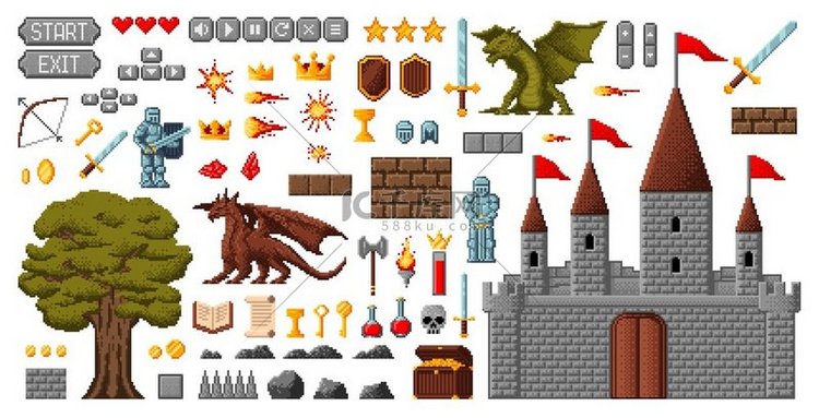 8位像素游戏资产中世纪骑士城堡