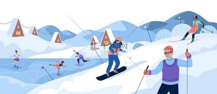 冬季运动人们在雪坡上滑雪和滑雪