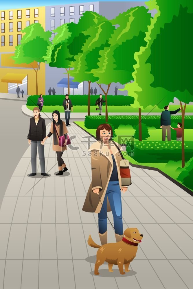 现代女孩和她的狗在公园散步的矢