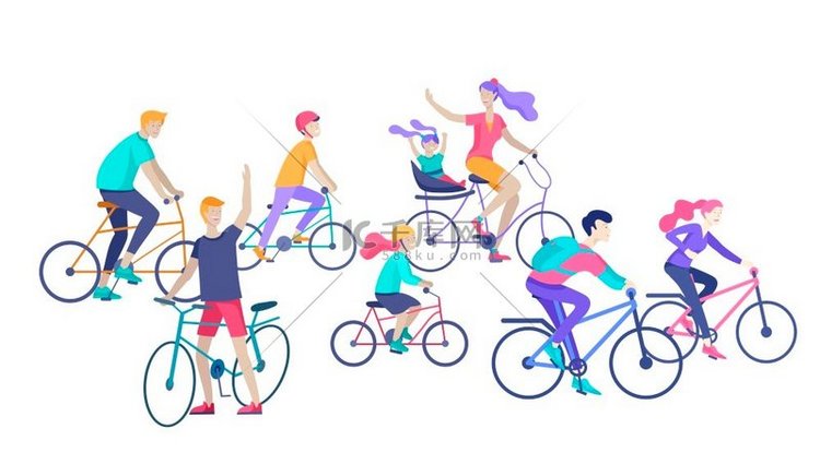 年轻的女人和男人骑自行车，家人