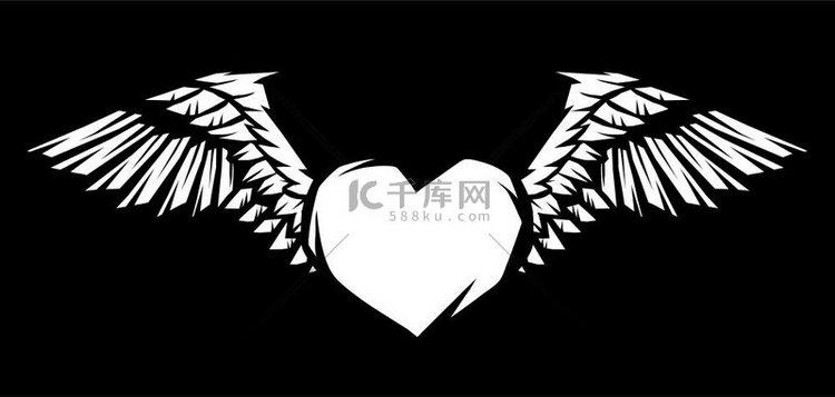 带翅膀的心，用于纹身设计或徽章