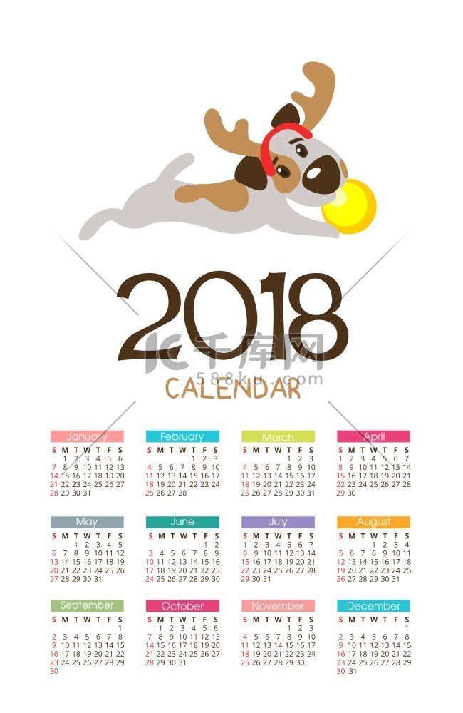 新 2018 年的日历。狗年的象征。