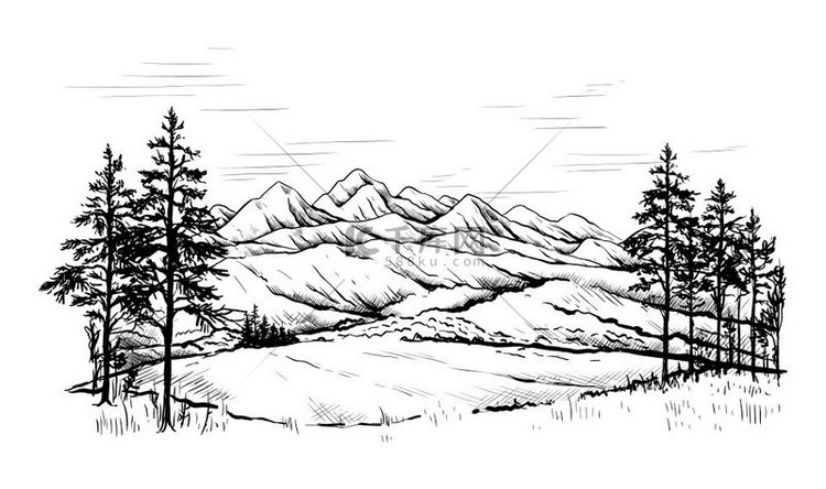 山地景观森林和岩石山脊的手绘草