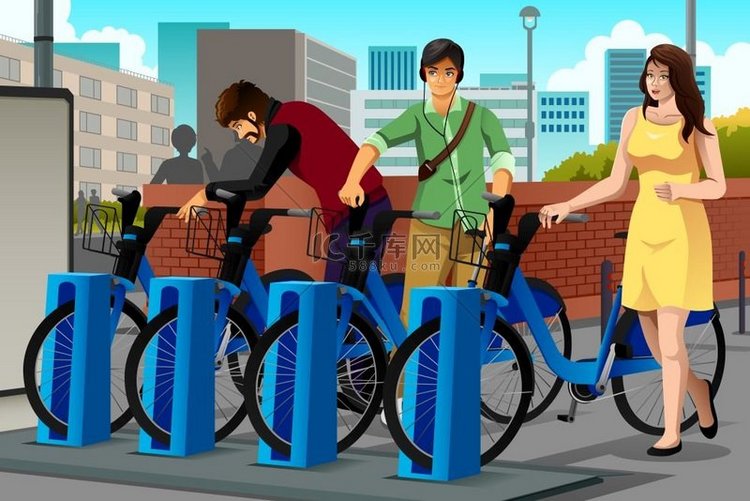 人们在城市租自行车的矢量图