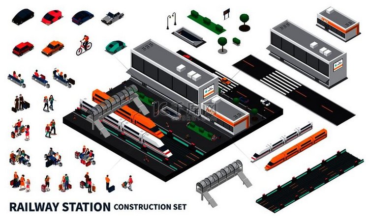 火车站等角构造集现代速度列车轨