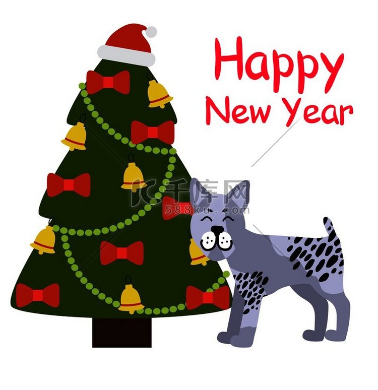 新年快乐横幅，灰狗站在装饰精美