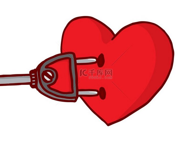 电插头为心脏或爱供电的卡通插图