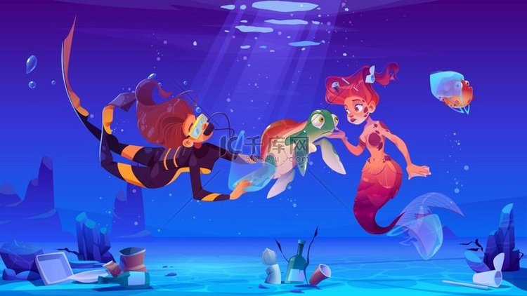 潜水员女孩和美人鱼帮助生活在被